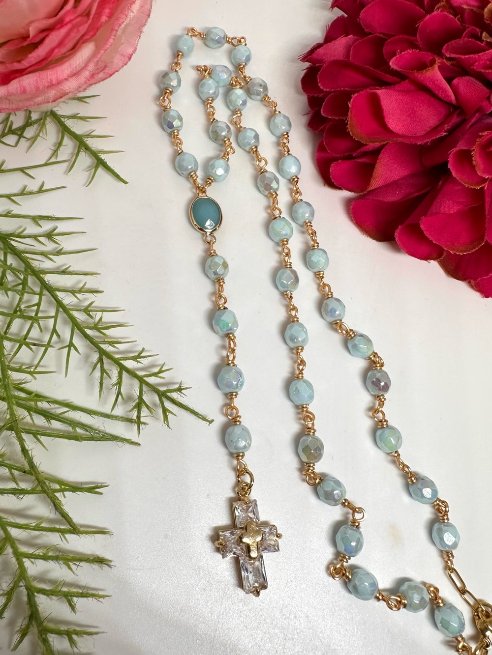NEW ⚜️Handmade Blue Milk Glass Crystal Beaded Rosary Necklace